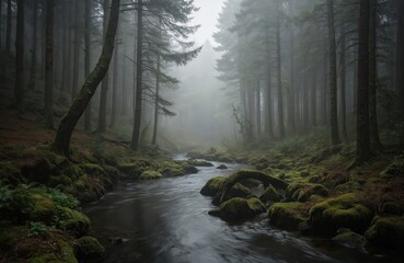 Obraz premium River flows through dense forest with towering trees. Green foliage surrounds river, creating natural canopy with depth and texture. Forest landscape with river, waterfall, trees and rocks.