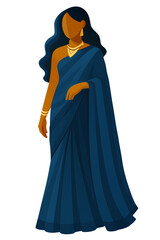 Modern South Asian Woman in Sapphire Blue Saree – Minimal PNG Art 
