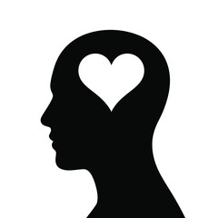 Silhouette of a human head with a heart shape inside the brain