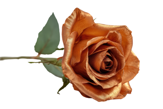 Close-up of a single, copper-toned rose.  Dark background.  Petals detailed.  Stem and leaves visible
