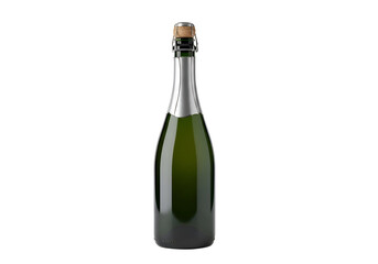 Green champagne bottle against a black background.