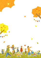 いろいろな世代の人々が暮らす秋の街　テクスチャ効果のあるカラフルで楽しいフレームイラスト
