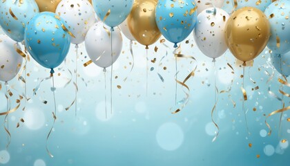 Festive celebration scene with colorful balloons floating on blue background. Gold and blue confetti adds to joyful atmosphere. White ribbon bow and balloons create symmetrical arrangement.