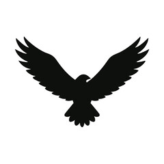 Obraz premium Silhouette of a Flying Eagle with Outstretched Wings Black Bird Icon Symbol of Freedom and Strength on White Background
