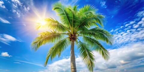 A Vibrant Palm Tree Silhouetted Against a Sunny Tropical Sky with Puffy Clouds