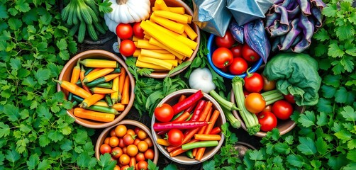 Vibrant medley of colorful vegetables in bowls, nestled amongst lush greenery,   dinner prep,   tasty