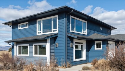 Obraz premium Light blue two-story house with flat roof, white trim on dirt patch in well-manicured lawn. House surrounded by trees providing tranquil, private atmosphere. Driveway leads up to front door. Classic