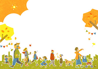 いろいろな世代の人々が暮らす秋の街　テクスチャ効果のあるカラフルで楽しいフレームイラスト