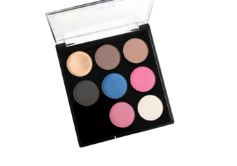 Colorful eyeshadow palette in a plastic case.