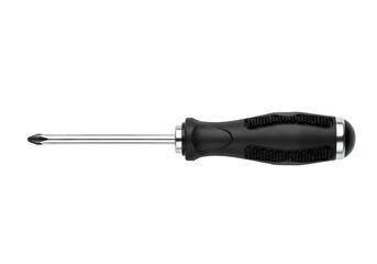 A screwdriver with a black handle and a silver shaft.