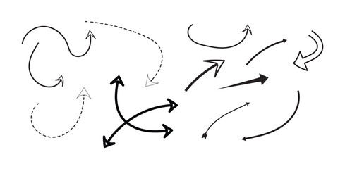 Pfeil Set: Handgezeichnete Pfeile in verschiedenen Stilen, Gepunktet, Gebogen, Schwarz, Richtung, Bewegung, Skizze, Doodle, Vektorillustration (Nr. 230)

