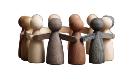 Diverse wooden figures forming a circle, arms around each other