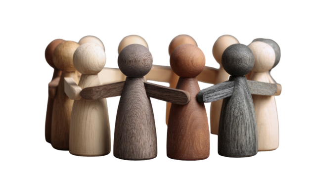 Diverse wooden figures forming a circle, arms around each other