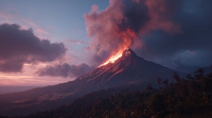 Majestic volcano eruption at sunset with ash and lava flowing over forested landscape