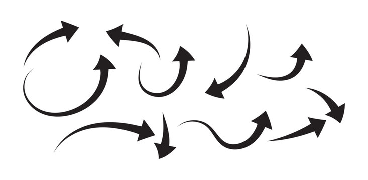 Pfeil Vektor Set: Schwarze gebogene Richtungspfeile, dynamische Linien, Kurven, Bewegung, Doodle-Stil, Illustration, Design, Skizze, Grafik (Nr. 224)

