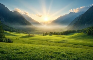 Obraz premium Serene sunrise over lush green valley between towering mountains. Clear blue sky above with trees and shrubs. Warm light from rising sun casts glow on valley.