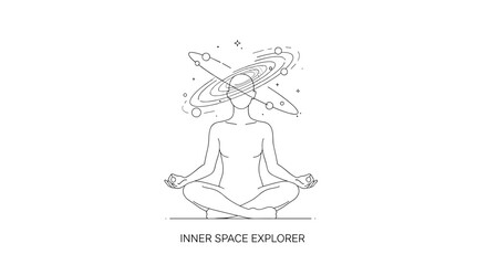 Meditating person surrounded by cosmic elements and stars