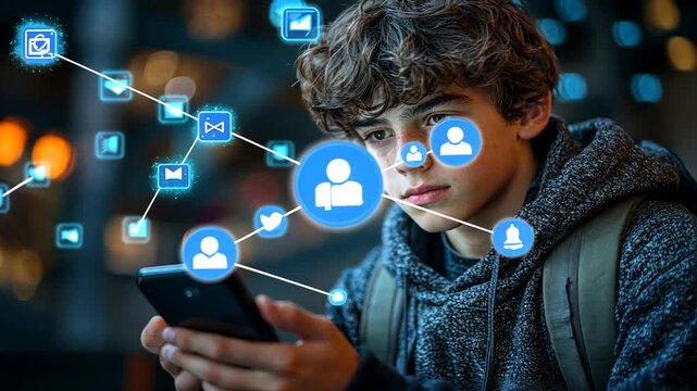 Teenager using smartphone with social media network interface visualization - Powered by Adobe