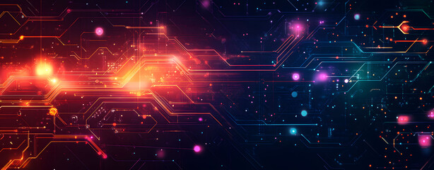 Fototapeta premium Abstract futuristic technology background with a glowing digital circuit board. Data processing and network communication concept with vibrant lights.