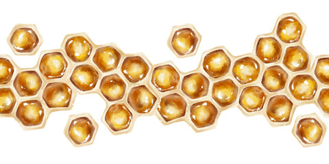 Watercolor seamless border featuring golden honey-filled hexagonal honeycombs arranged in a fluid, organic layout. Perfect for eco packaging, honey labels, natural food branding, or wellness products.