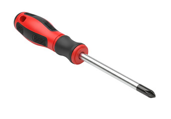 Red and black handled screwdriver on a black background.