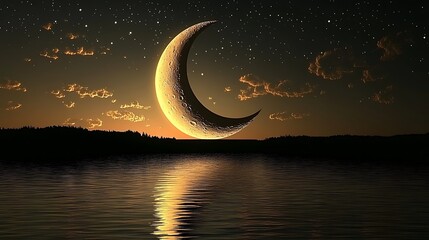 Crescent moon over a tranquil lake at sunset.