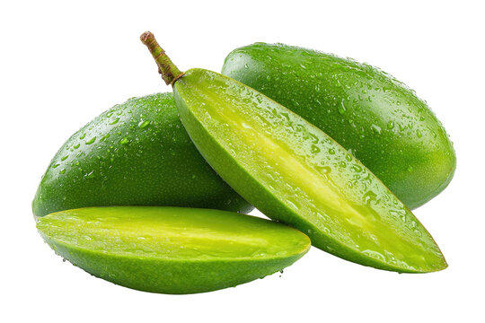 Fresh, vibrant green fruit, halved and whole, glistening with water droplets