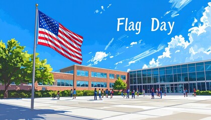Waving American Flag Flying Proudly Near School Building on Sunny Blue Sky Day