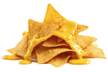 Melted cheese poured over a pile of tortilla chips