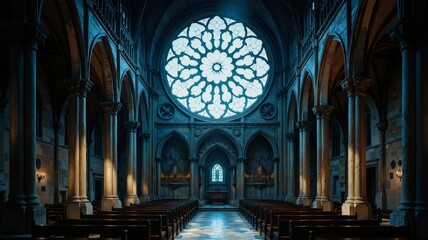 A serene cathedral interior bathed in soft light from a large stainedglass rose window, with rows of pews and a central altar, creating an atmosphere of quiet reverence and historical grandeur