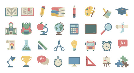 Collection of School Supplies and Educational Icons for Learning and Knowledge