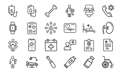Modern Healthcare and Medical Line Icons – Patient Care, Hospital Equipment, Diagnosis Tools, Toothbrush, Prescription, Injection, and Medical Communication Symbols