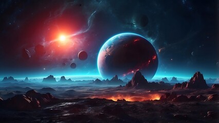 A mysterious planet with glowing rings and a shadowy moon. Cinematic theme, HDR, Vibrant