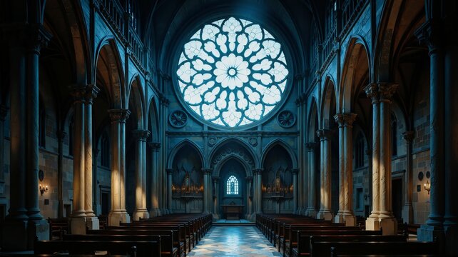 A serene cathedral interior bathed in soft light from a large stainedglass rose window, with rows of pews and a central altar, creating an atmosphere of quiet reverence and historical grandeur