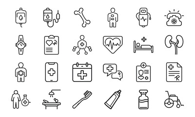 Modern Healthcare and Medical Line Icons – Patient Care, Hospital Equipment, Diagnosis Tools, Toothbrush, Prescription, Injection, and Medical Communication Symbols