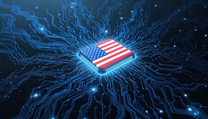 American flag colors on computer chip with red, white design, surrounded by digital circuitry and blue lines network. Patriotic technology and innovation fusion concept.