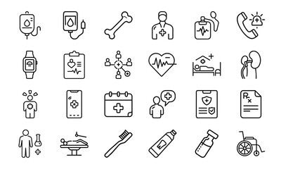 Modern Healthcare and Medical Line Icons – Patient Care, Hospital Equipment, Diagnosis Tools, Toothbrush, Prescription, Injection, and Medical Communication Symbols