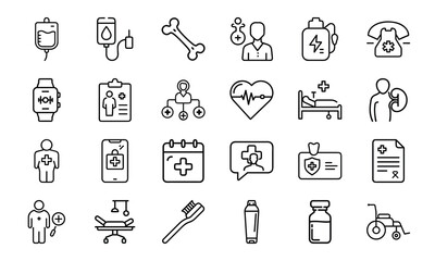 Modern Healthcare and Medical Line Icons – Patient Care, Hospital Equipment, Diagnosis Tools, Toothbrush, Prescription, Injection, and Medical Communication Symbols