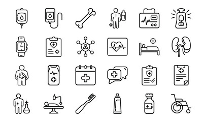 Modern Healthcare and Medical Line Icons – Patient Care, Hospital Equipment, Diagnosis Tools, Toothbrush, Prescription, Injection, and Medical Communication Symbols