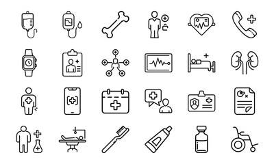 Modern Healthcare and Medical Line Icons – Patient Care, Hospital Equipment, Diagnosis Tools, Toothbrush, Prescription, Injection, and Medical Communication Symbols