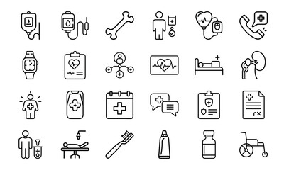 Modern Healthcare and Medical Line Icons – Patient Care, Hospital Equipment, Diagnosis Tools, Toothbrush, Prescription, Injection, and Medical Communication Symbols