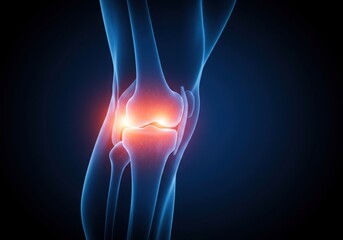 Human knee joint with inflammation and pain highlighted in red