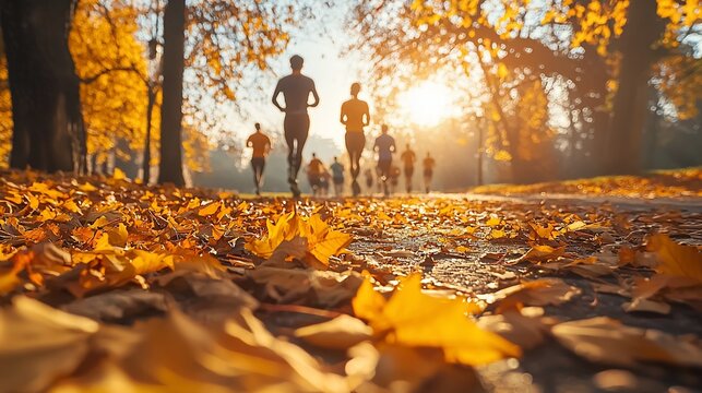 Runners enjoying autumn park run.  Golden leaves carpet a path as runners jog through a beautiful autumn morning