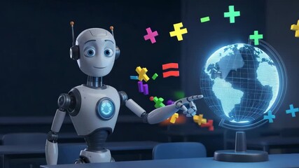 An intelligent AI robot in a futuristic classroom teaching global mathematics with a holographic earth. - Powered by Adobe