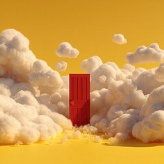 3d render, white fluffy clouds going through, flying out, open red door, objects isolated on bright yellow background. Abstract metaphor, modern minimal concept. Surreal dream.