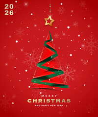 Modern Christmas card design for 2026 featuring a paper-cut style tree, golden hanging star and falling snowflakes on a luxurious red background. Perfect for holiday greetings and festive decoration.