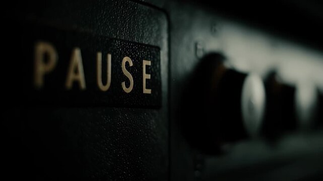Close-up of a vintage pause button on a dark, textured electronic device.