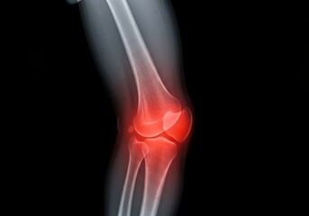 X ray of a painful knee joint highlighted in red
