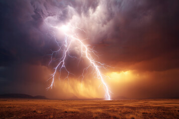Dramatic lightning bolt strikes under swirling storm clouds, conveying nature�s raw power and intense weather.