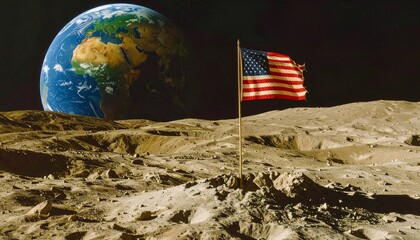 American Flag on Lunar Surface with Earth in Distance